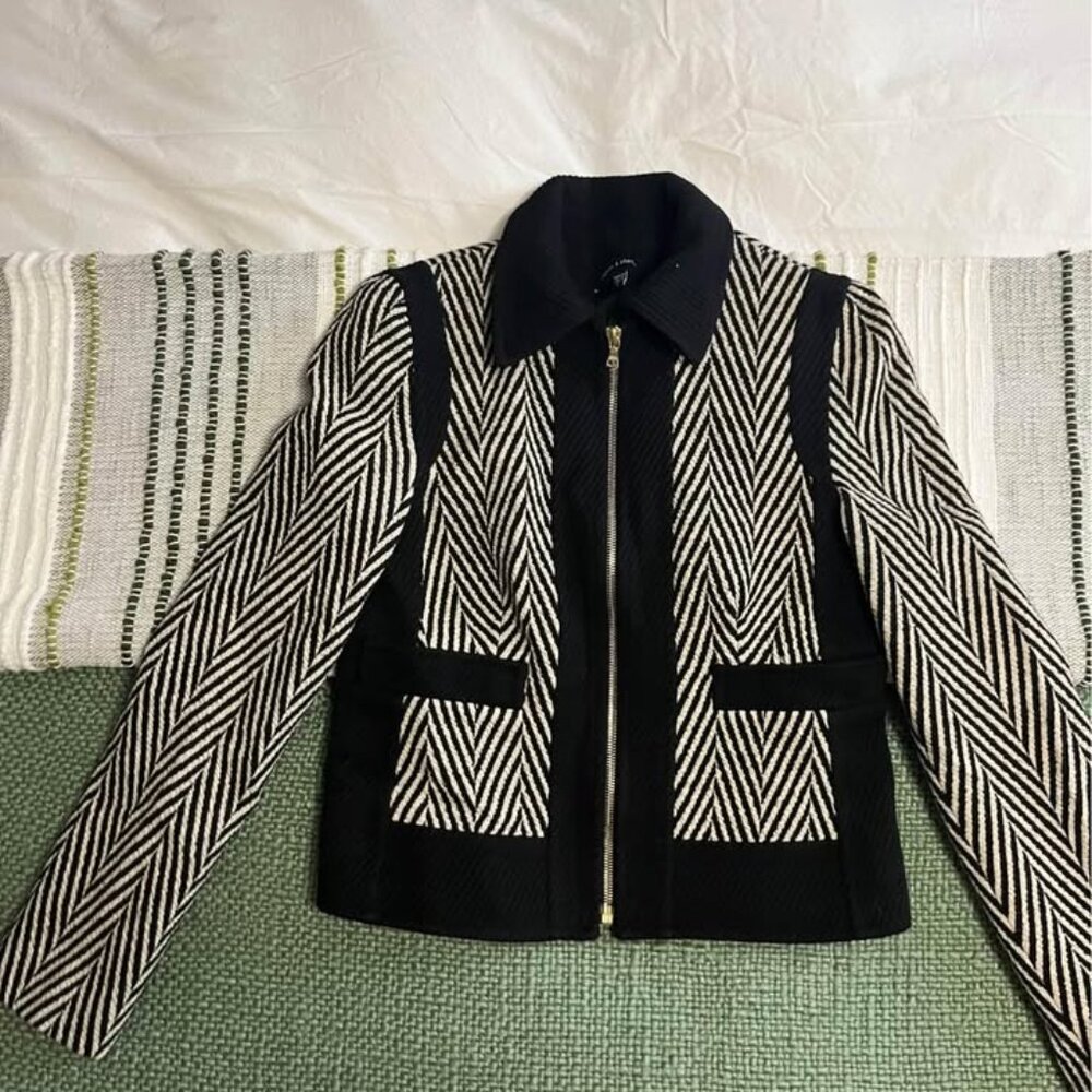 Judith & Charles Black & White Herringbone Zip-Front Blazer Jacket